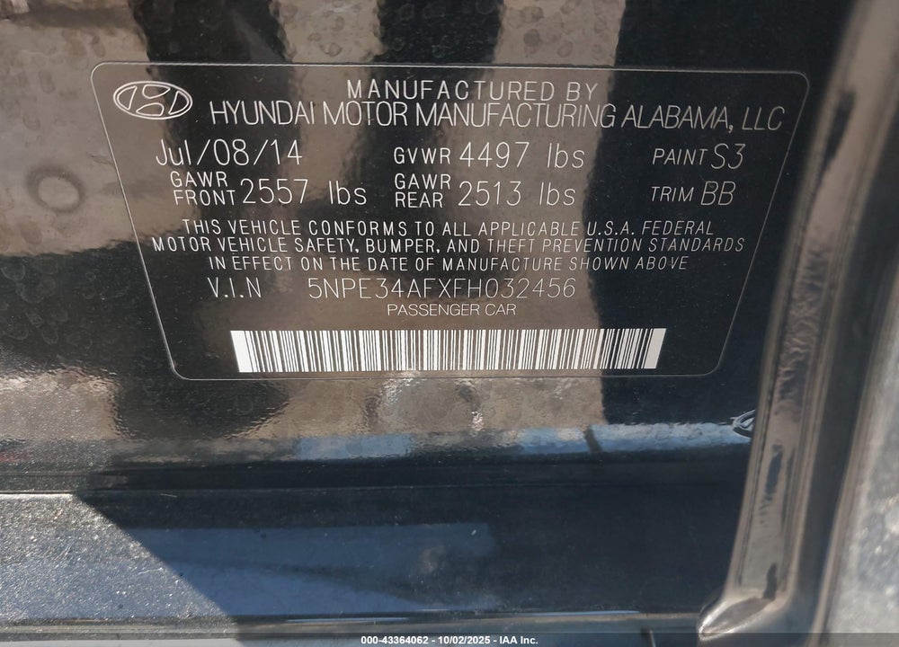 2015 HYUNDAI SONATA SPORT VIN: 5NPE34AFXFH032456