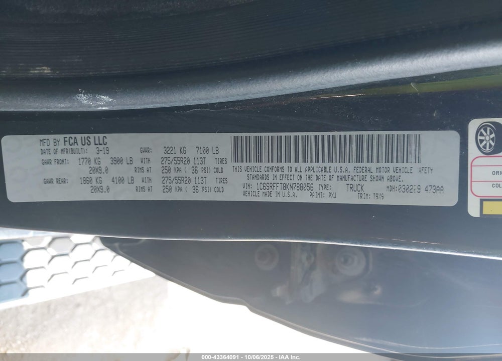 2019 RAM 1500 BIG HORN/LONE STAR  4X4 5'7 BOX VIN: 1C6SRFFT8KN788056