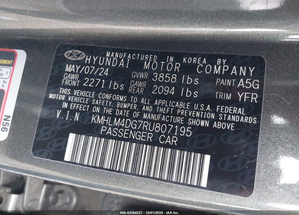 2024 HYUNDAI ELANTRA SEL VIN: KMHLM4DG7RU807195
