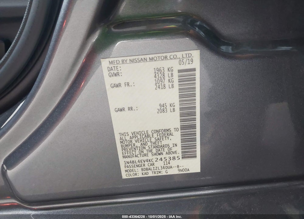 2019 NISSAN ALTIMA VIN: 1N4BL4EV4KC245385