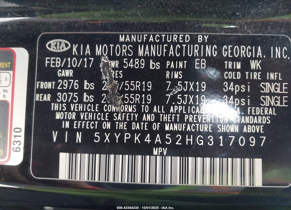 2017 KIA SORENTO 3.3L SX VIN: 5XYPK4A52HG317097
