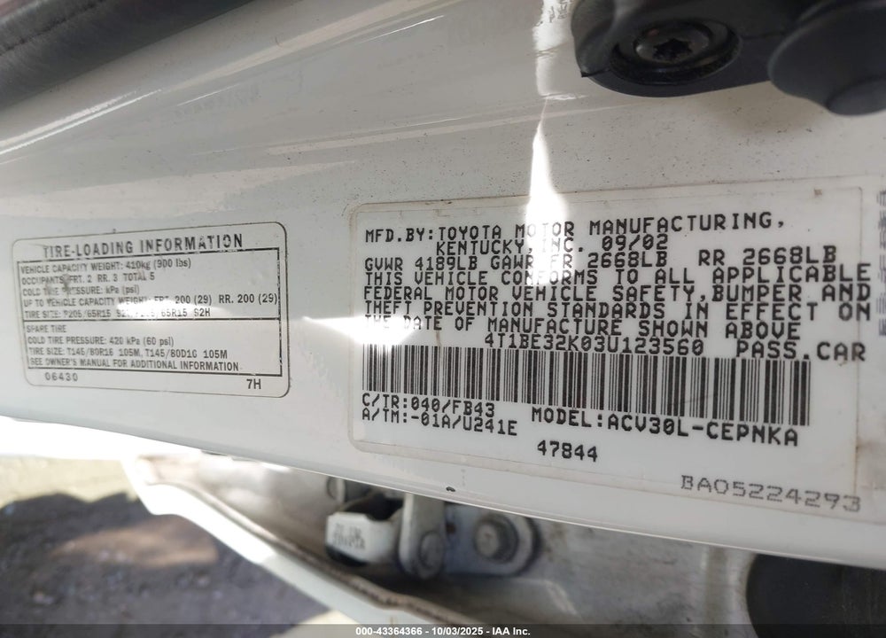 2003 TOYOTA CAMRY VIN: 4T1BE32K03U123560