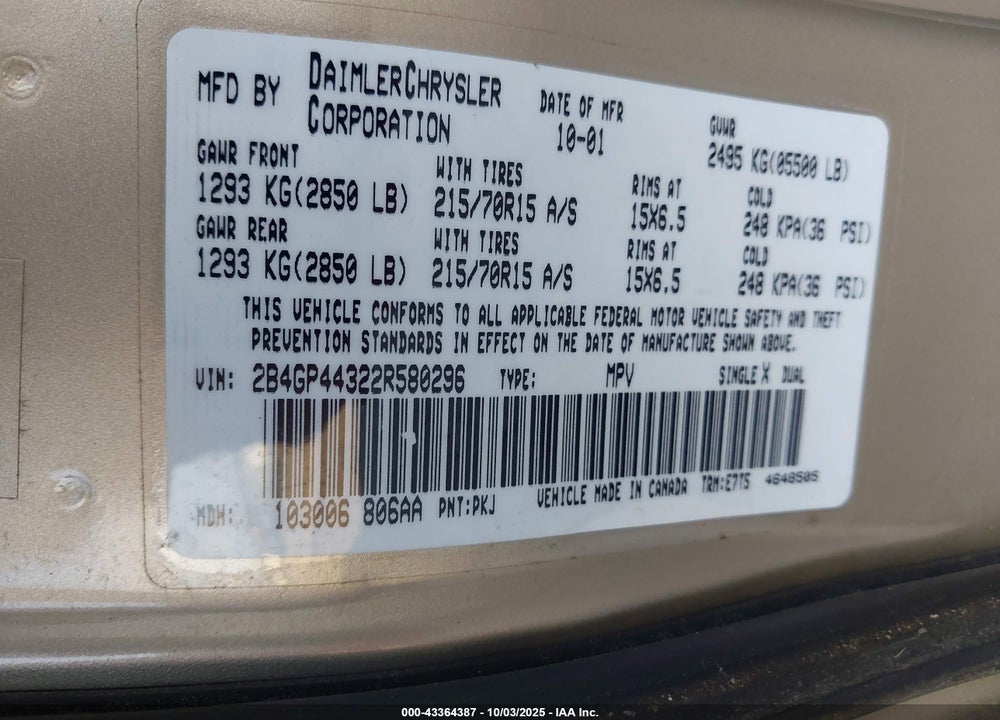 2002 DODGE GRAND CARAVAN SPORT VIN: 2B4GP44322R580296