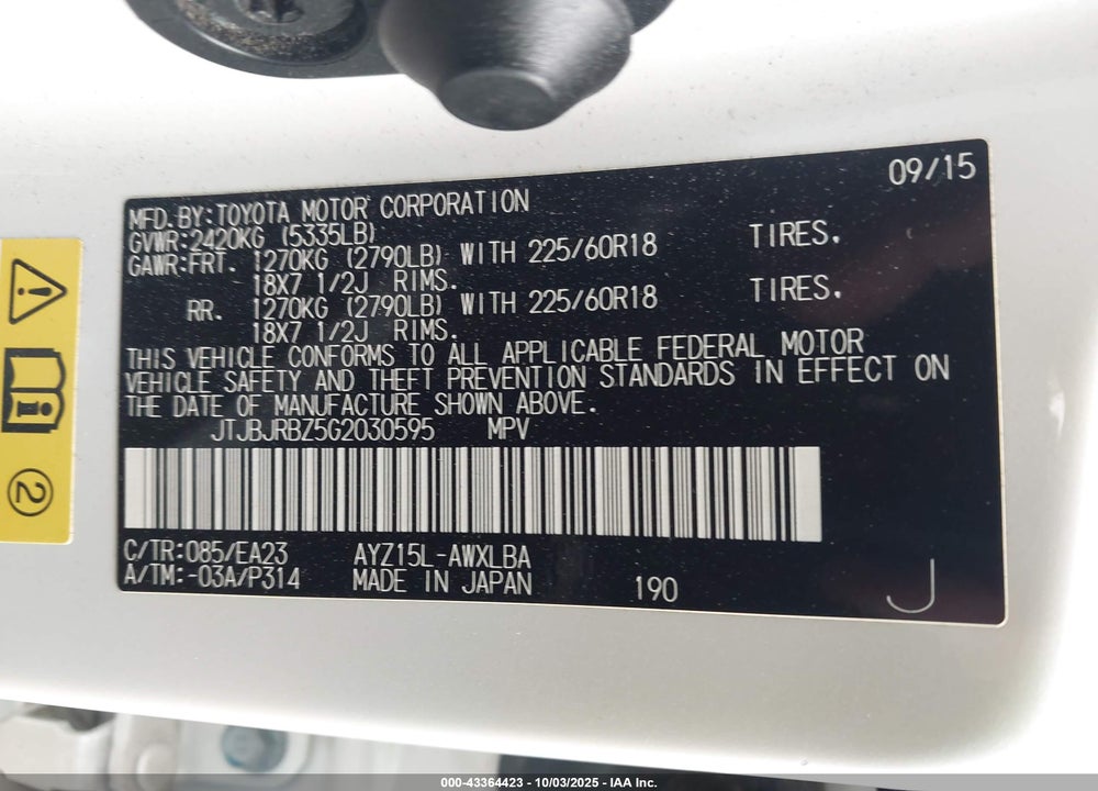 2016 LEXUS NX 300H VIN: JTJBJRBZ5G2030595