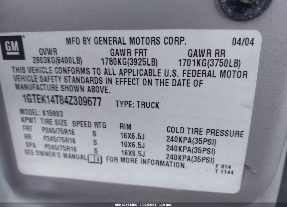 2004 GMC SIERRA 1500 WORK TRUCK VIN: 1GTEK14T84Z309677
