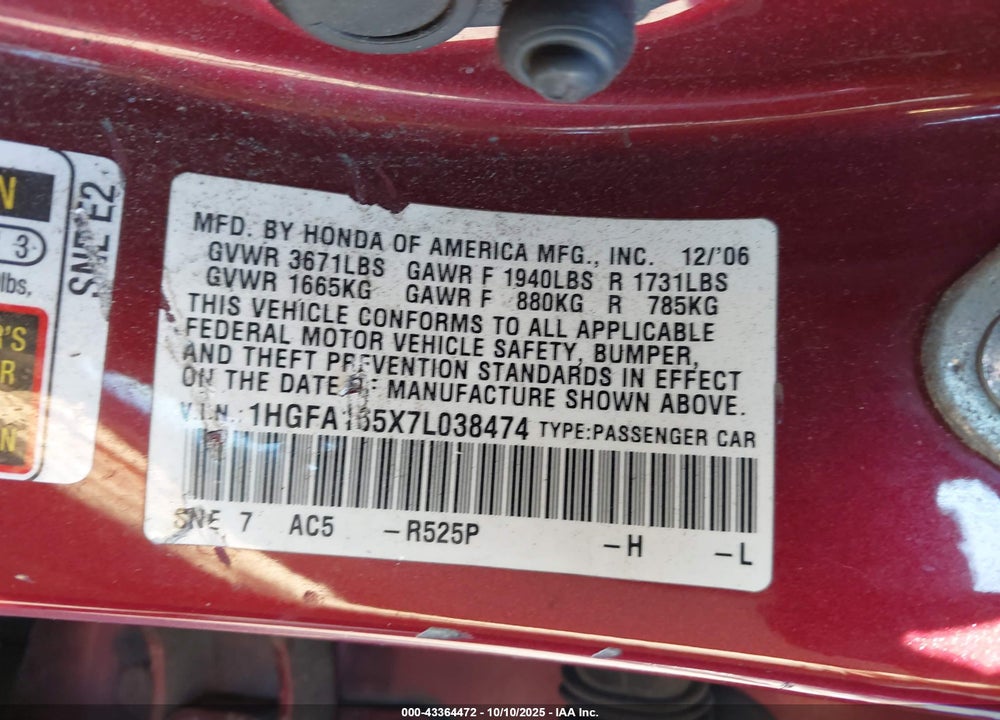 2007 HONDA CIVIC VIN: 1HGFA165X7L038474
