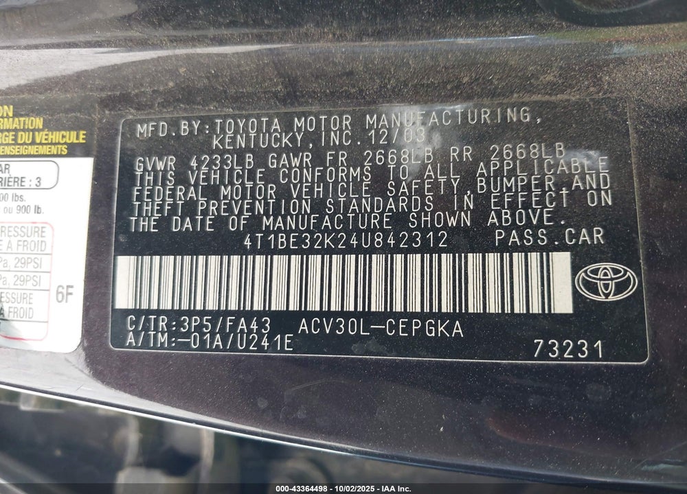 2004 TOYOTA CAMRY VIN: 4T1BE32K24U842312