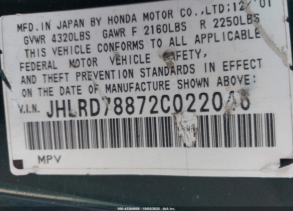 2002 HONDA CR-V EX VIN: JHLRD78872C022046