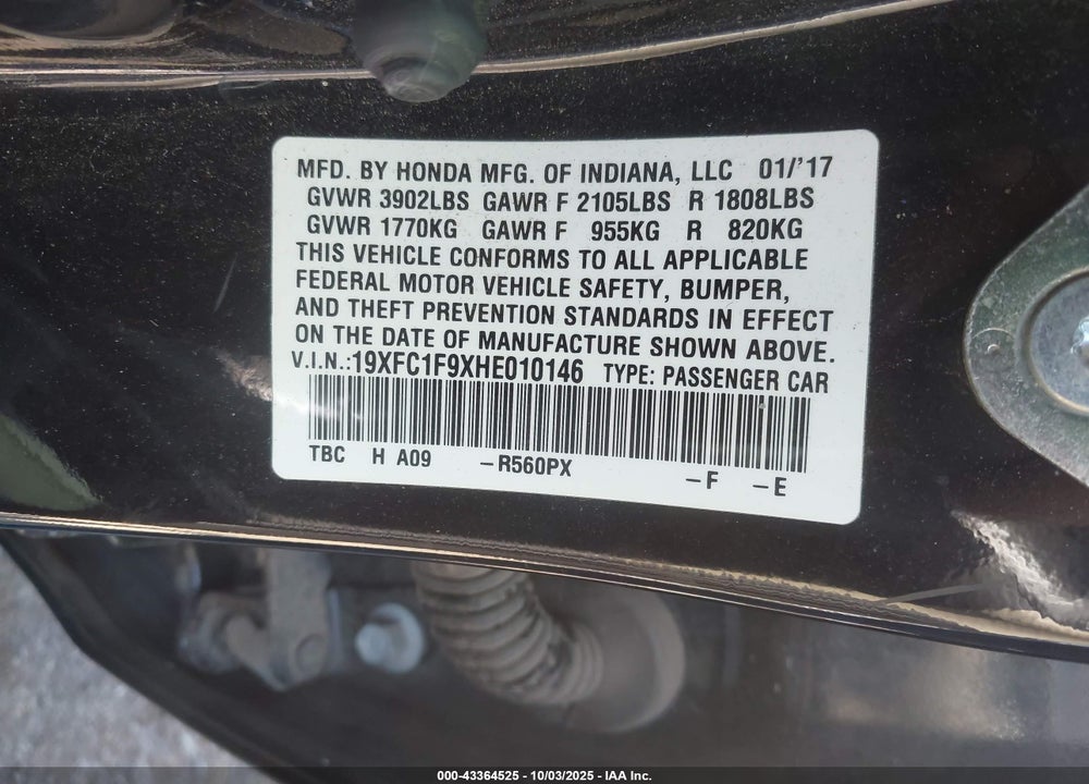 2017 HONDA CIVIC VIN: 19XFC1F9XHE010146