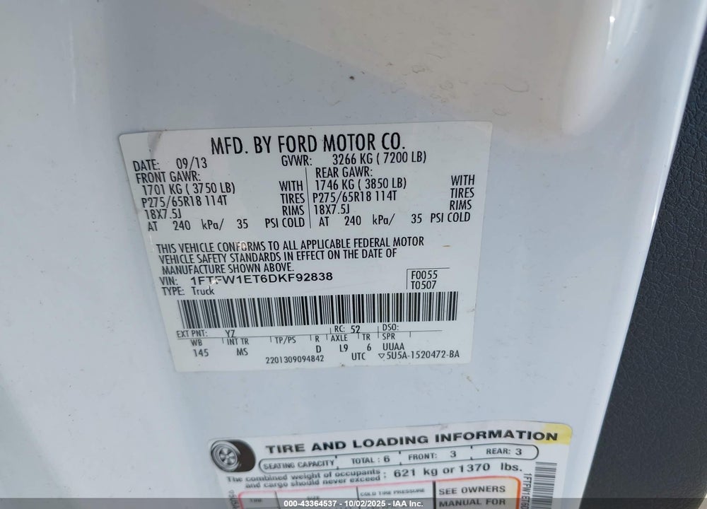 2013 FORD F-150 VIN: 1FTFW1ET6DKF92838