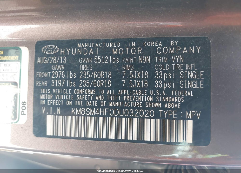 2013 HYUNDAI SANTA FE VIN: KM8SM4HF0DU032020