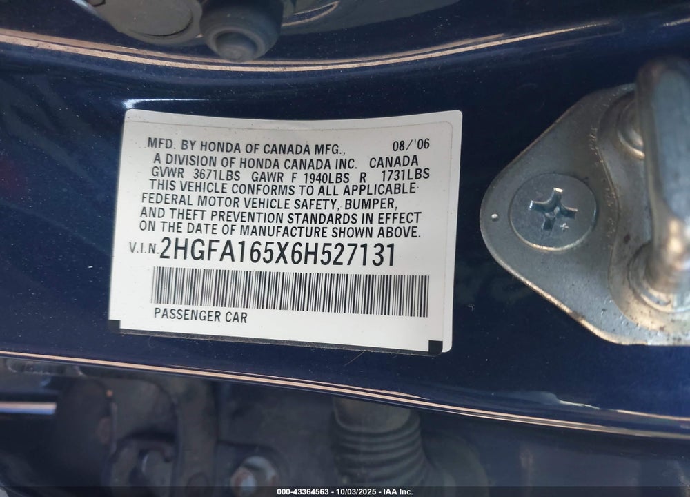 2006 HONDA CIVIC LX VIN: 2HGFA165X6H527131