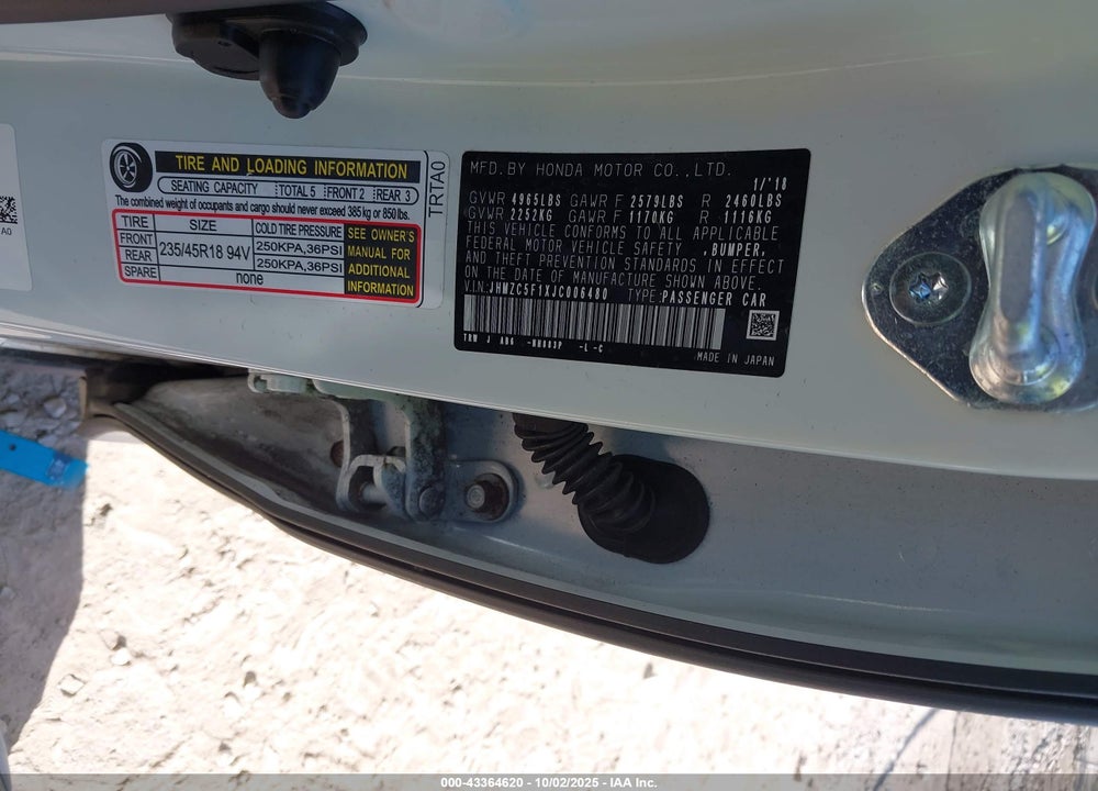 2018 HONDA CLARITY PLUG-IN HYBRID VIN: JHMZC5F1XJC006480