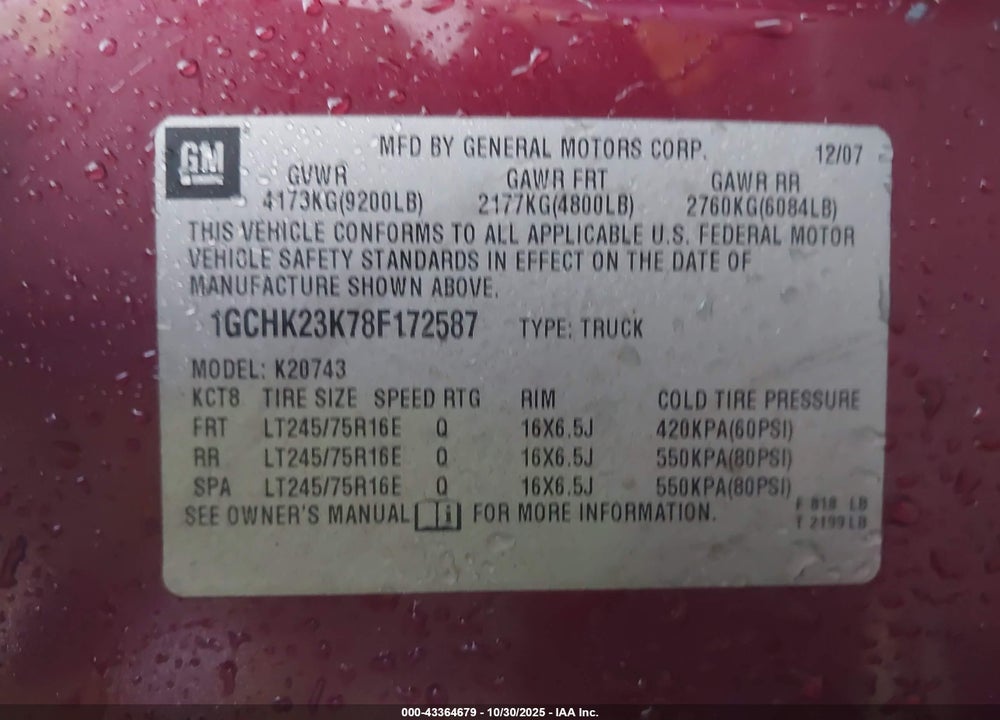 2008 CHEVROLET SILVERADO 2500 VIN: 1GCHK23K78F172587