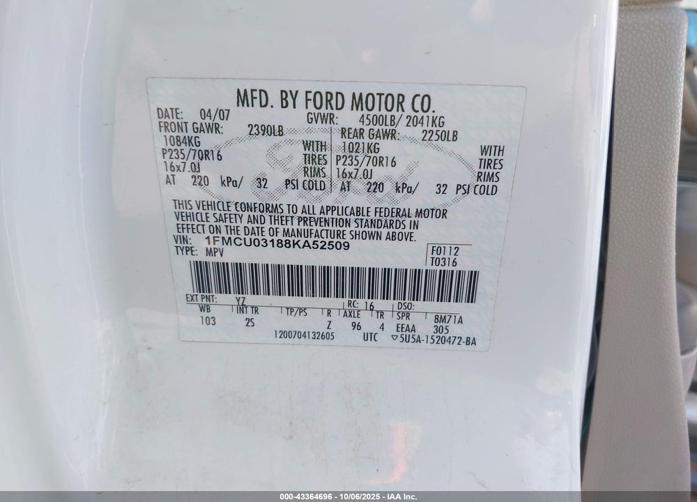 2008 FORD ESCAPE XLT VIN: 1FMCU03188KA52509