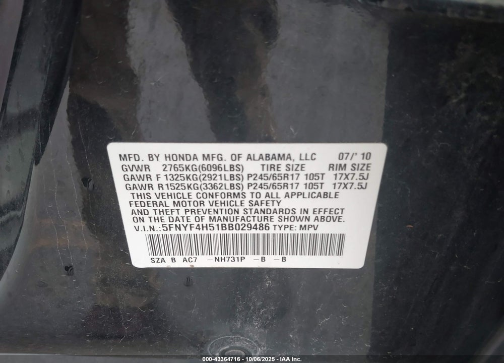2011 HONDA PILOT EX-L VIN: 5FNYF4H51BB029486