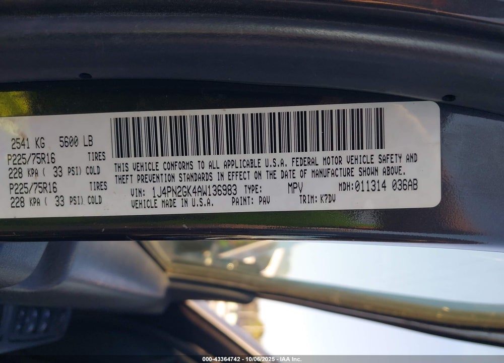 2010 JEEP LIBERTY VIN: 1J4PN2GK4AW136983