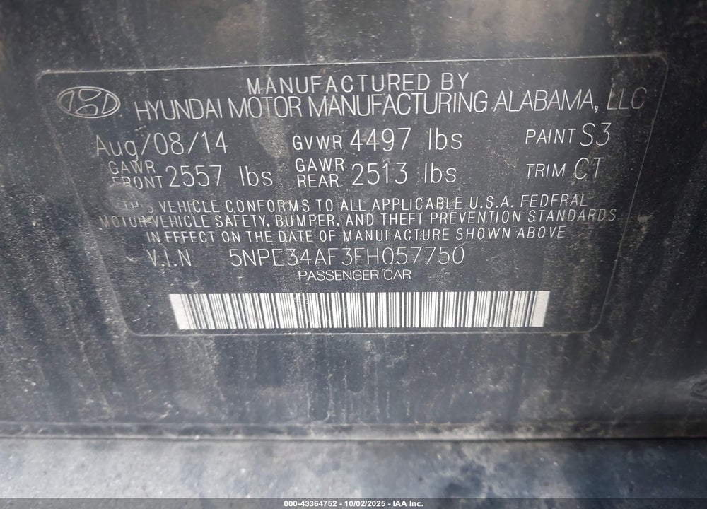 2015 HYUNDAI SONATA VIN: 5NPE34AF3FH057750