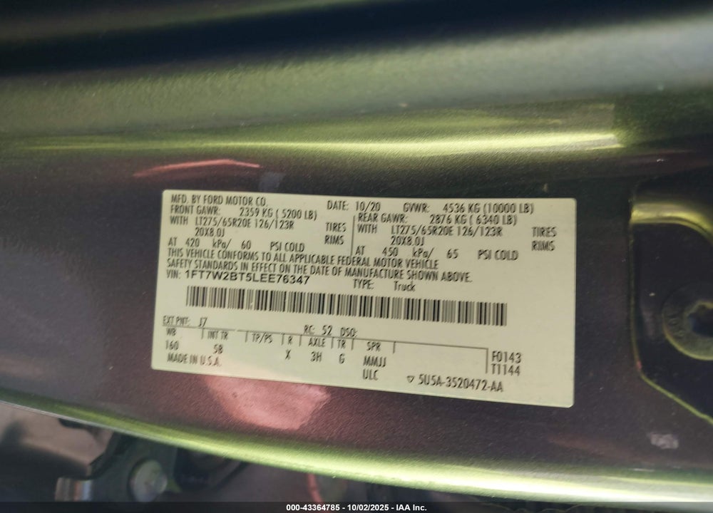 2020 FORD F-250 VIN: 1FT7W2BT5LEE76347