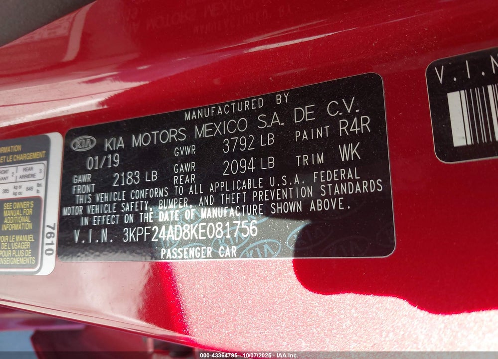 2019 KIA FORTE LXS VIN: 3KPF24AD8KE081756