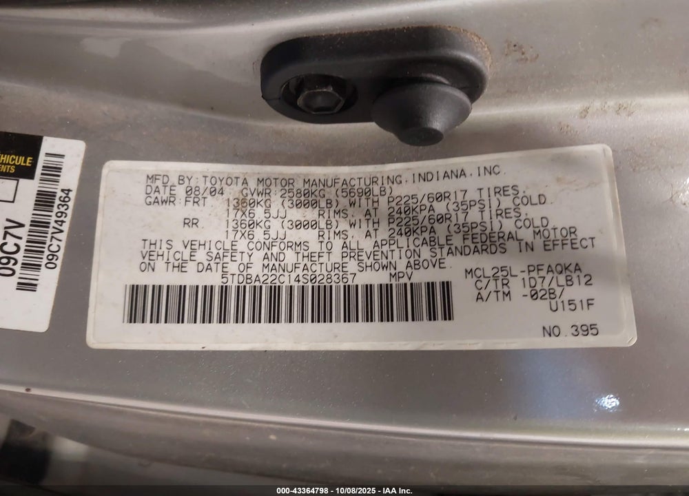 2004 TOYOTA SIENNA XLE LIMITED VIN: 5TDBA22C14S028367