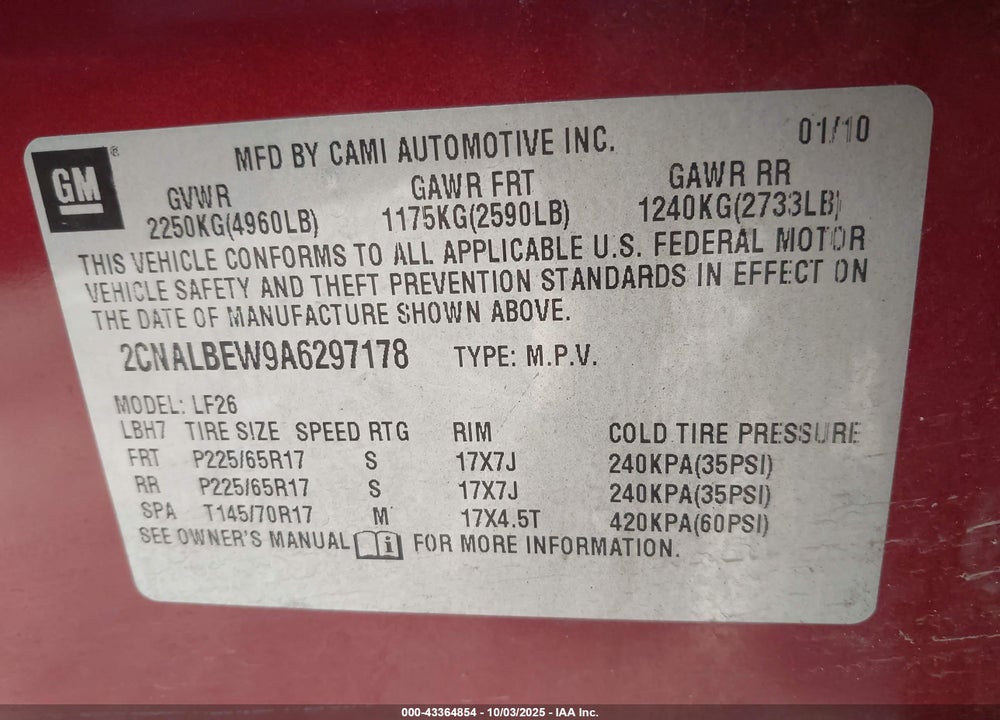 2010 CHEVROLET EQUINOX VIN: 2CNALBEW9A6297178