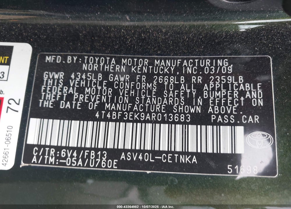2010 TOYOTA CAMRY LE VIN: 4T4BF3EK9AR013683