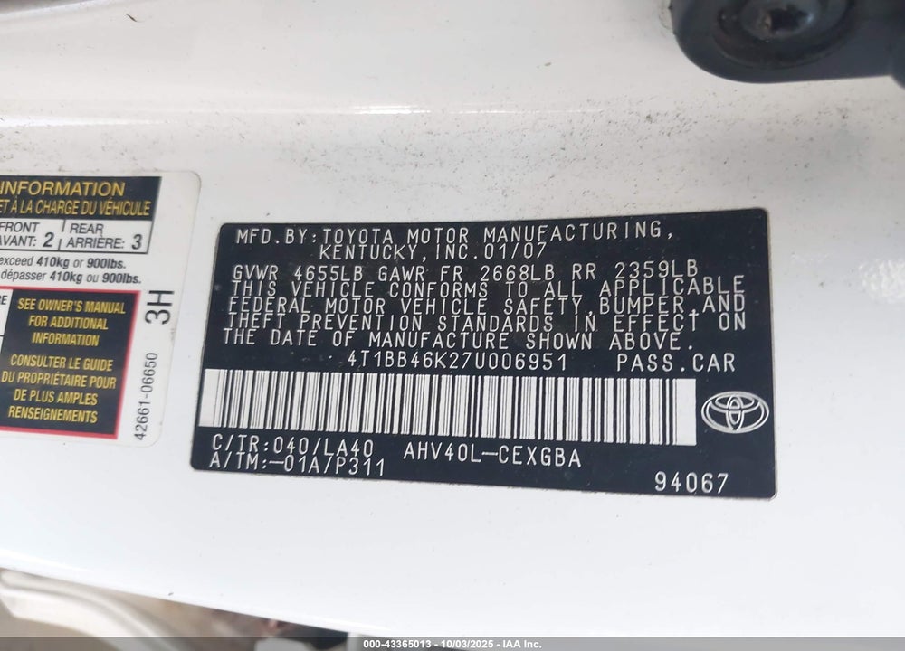 2007 TOYOTA CAMRY HYBRID VIN: 4T1BB46K27U006951