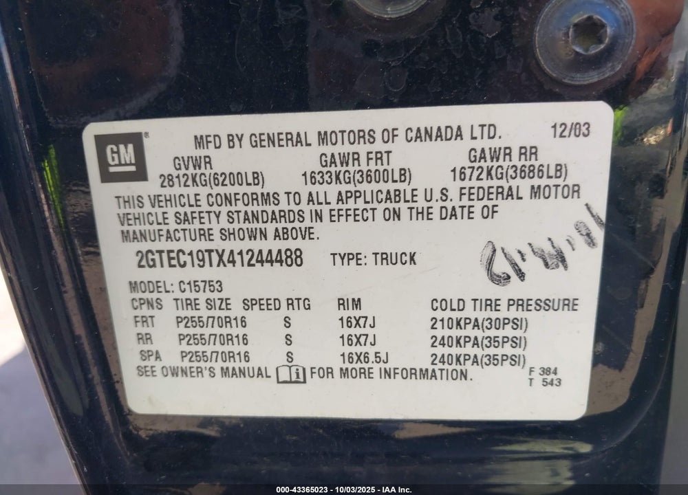 2004 GMC SIERRA 1500 SLE VIN: 2GTEC19TX41244488
