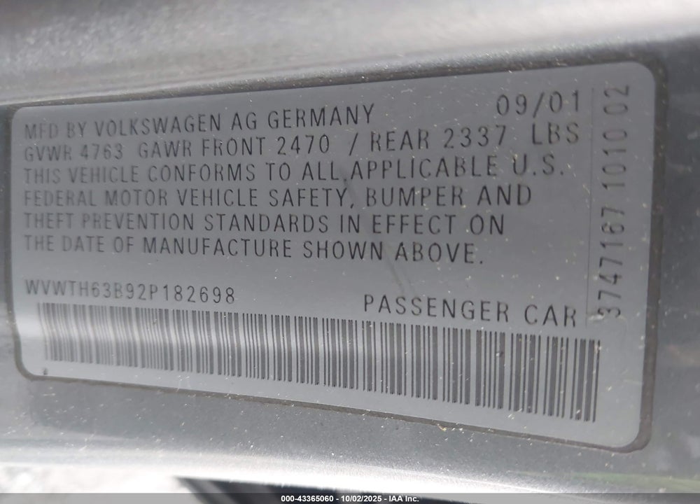 2002 VOLKSWAGEN PASSAT GLX VIN: WVWTH63B92P182698