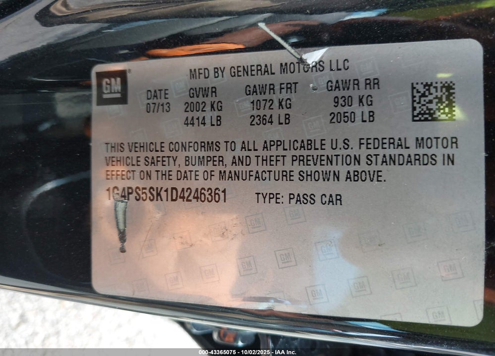 2013 BUICK VERANO VIN: 1G4PS5SK1D4246361