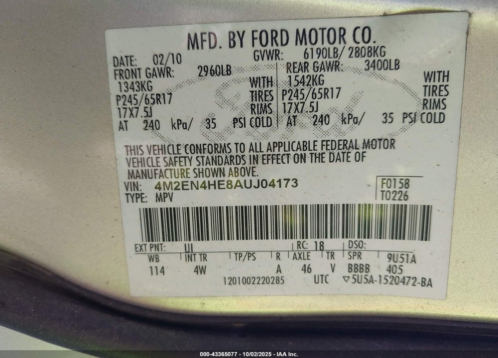 2010 MERCURY MOUNTAINEER VIN: 4M2EN4HE8AUJ04173