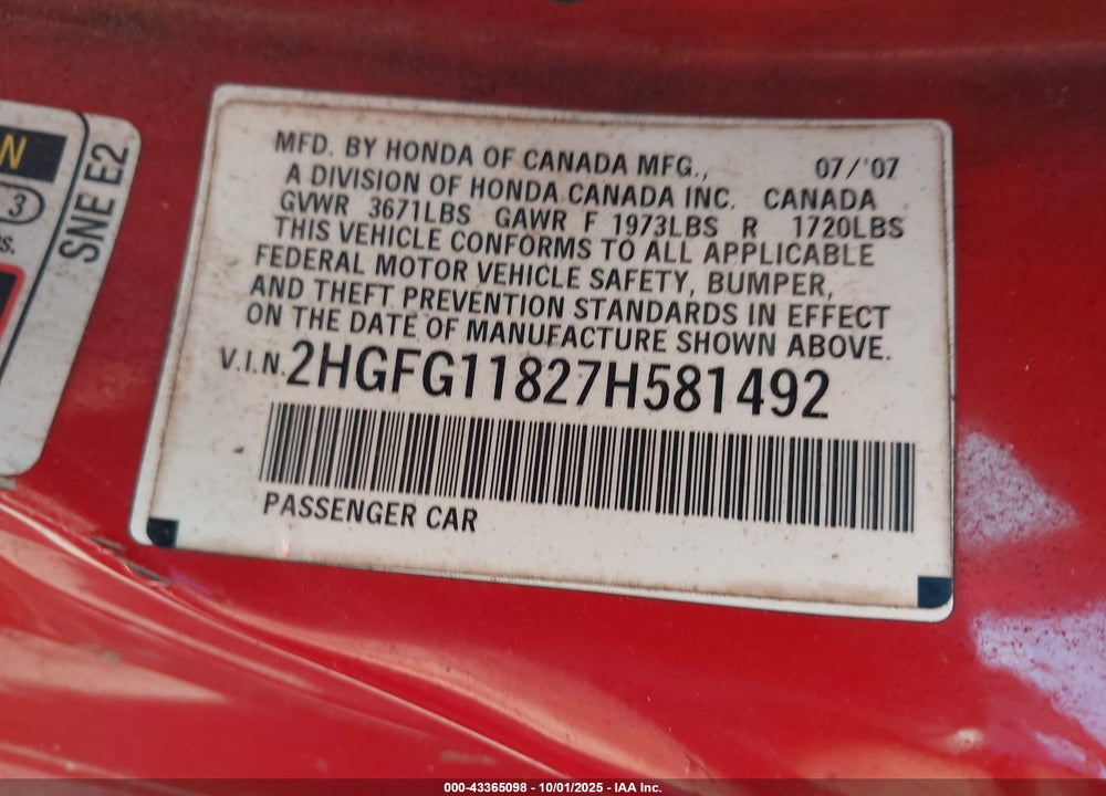 2007 HONDA CIVIC VIN: 2HGFG11827H581492