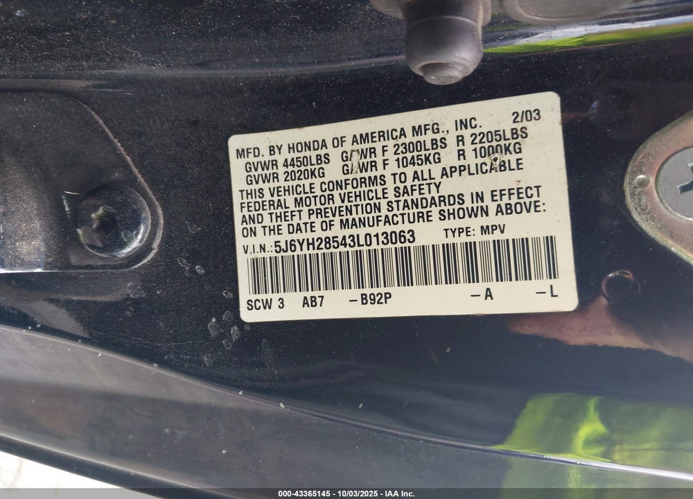 2003 HONDA ELEMENT EX VIN: 5J6YH28543L013063