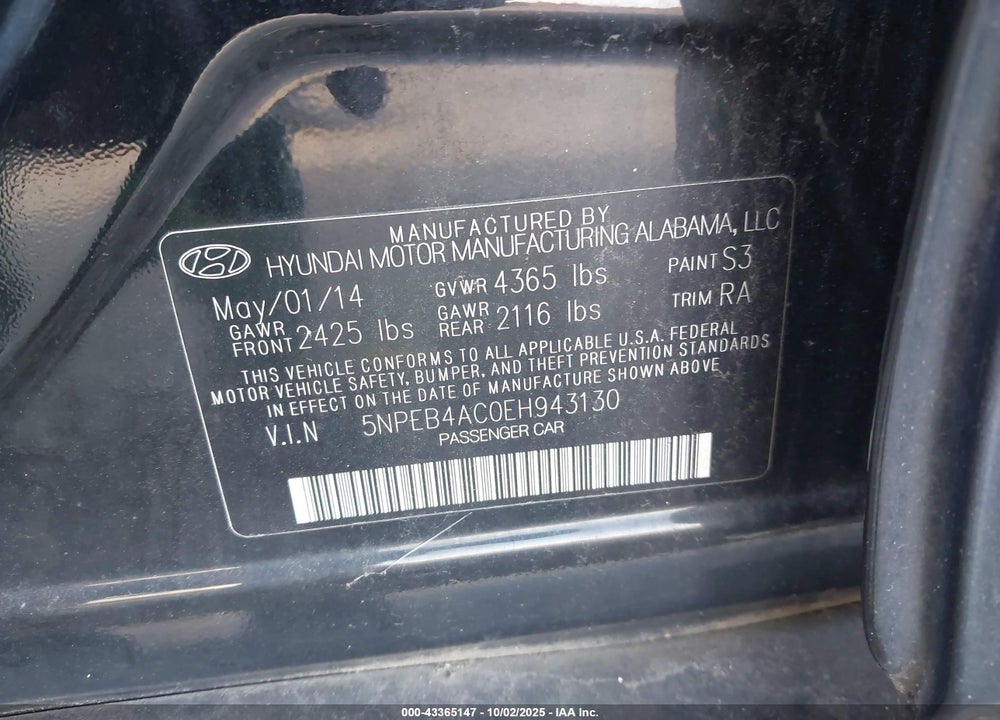 2014 HYUNDAI SONATA VIN: 5NPEB4AC0EH943130