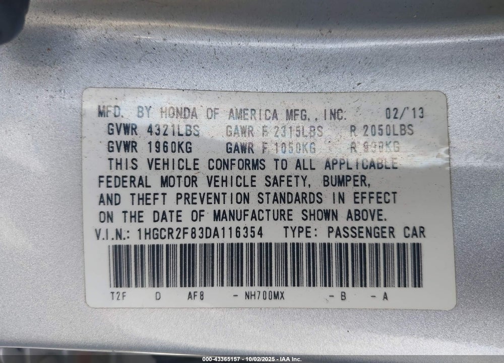 2013 HONDA ACCORD EX-L VIN: 1HGCR2F83DA116354