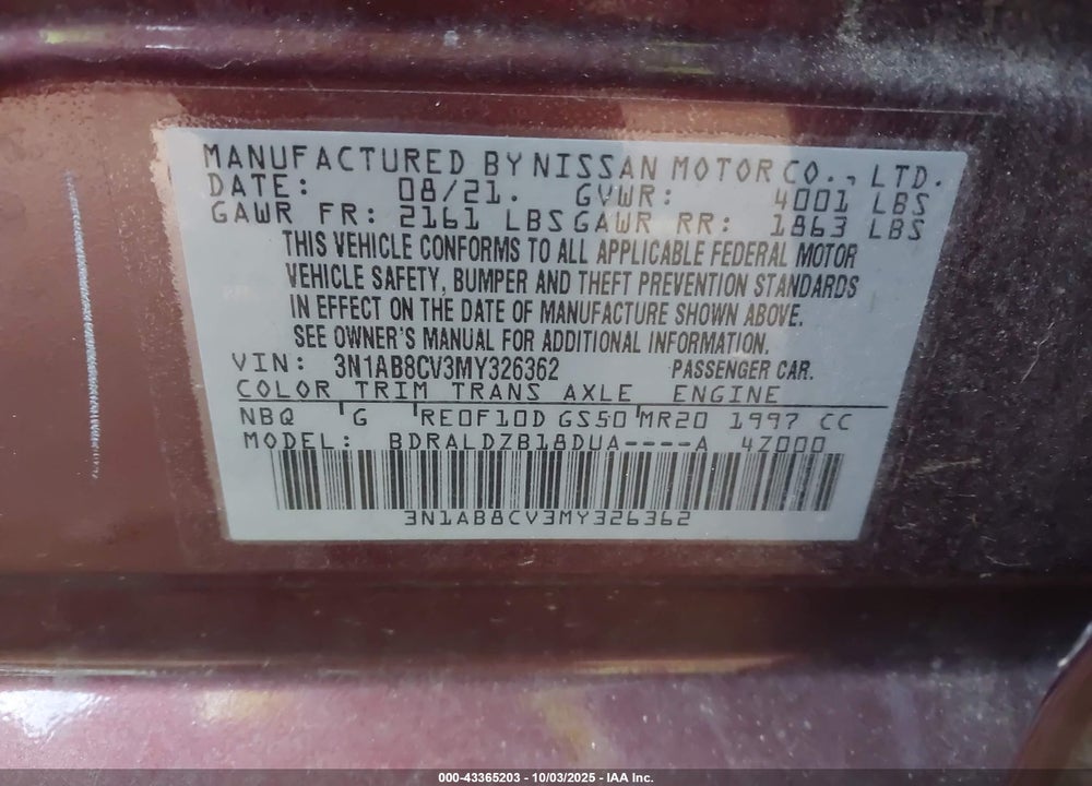 2021 NISSAN SENTRA SV XTRONIC CVT VIN: 3N1AB8CV3MY326362