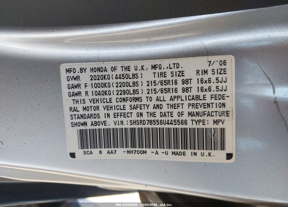 2006 HONDA CR-V VIN: SHSRD78556U445566