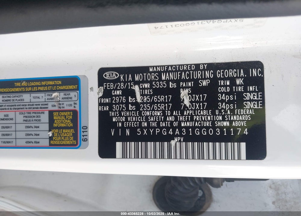 2016 KIA SORENTO VIN: 5XYPG4A31GG031174