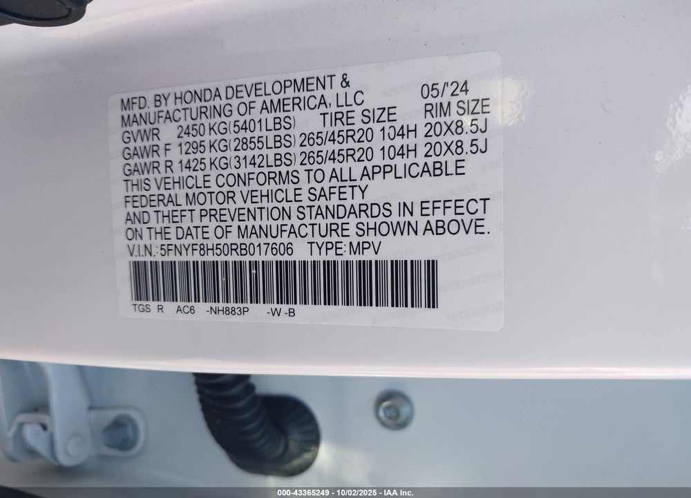 2024 HONDA PASSPORT VIN: 5FNYF8H50RB017606