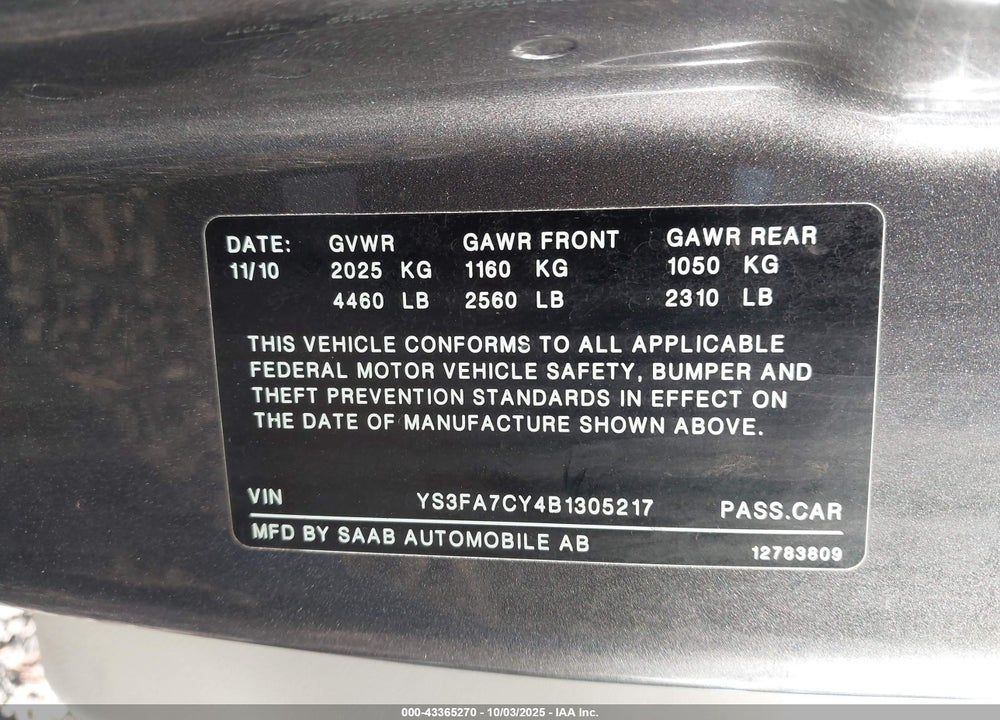 2011 SAAB 9 3 VIN: YS3FA7CY4B1305217