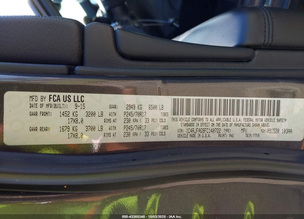 2015 JEEP GRAND CHEROKEE VIN: 1C4RJFAG9FC140722