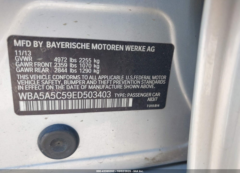 2014 BMW 5 SERIES VIN: WBA5A5C59ED503403