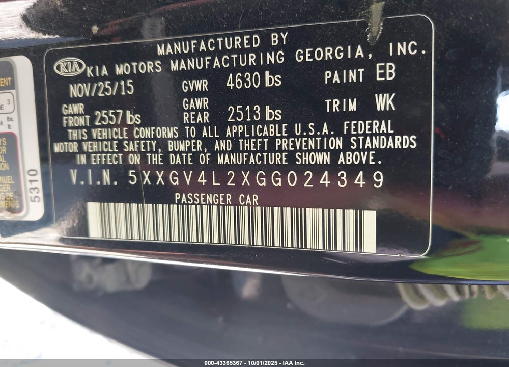 2016 KIA OPTIMA VIN: 5XXGV4L2XGG024349