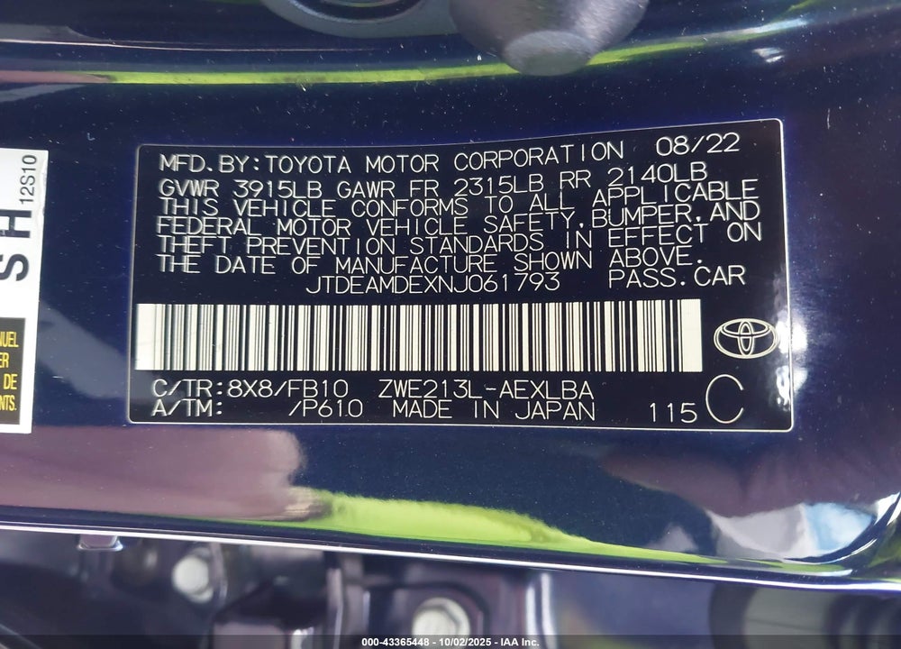 2022 TOYOTA COROLLA VIN: JTDEAMDEXNJ061793