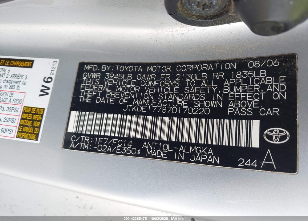 2007 SCION TC VIN: JTKDE177870170220