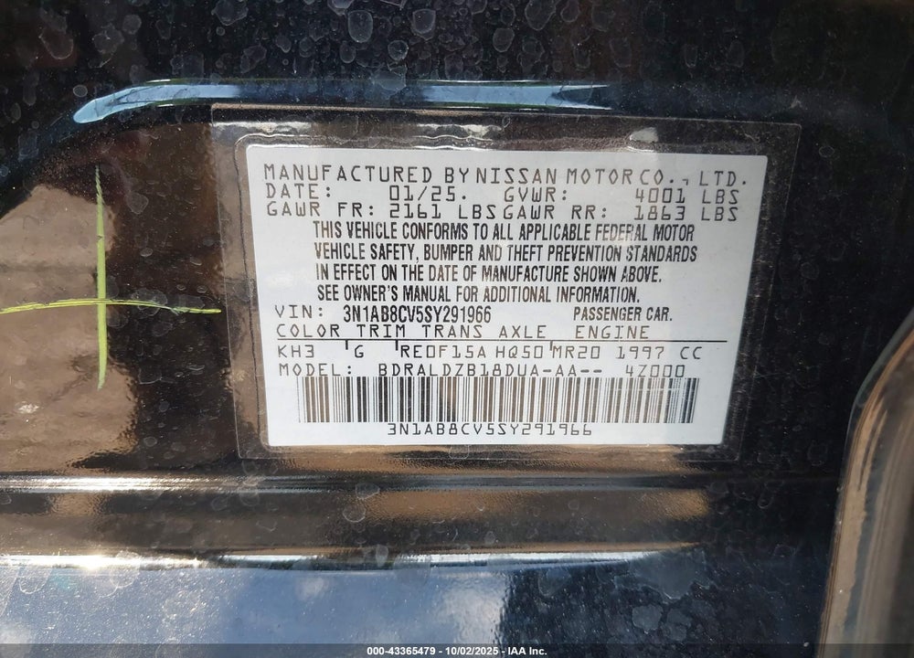2025 NISSAN SENTRA SV VIN: 3N1AB8CV5SY291966