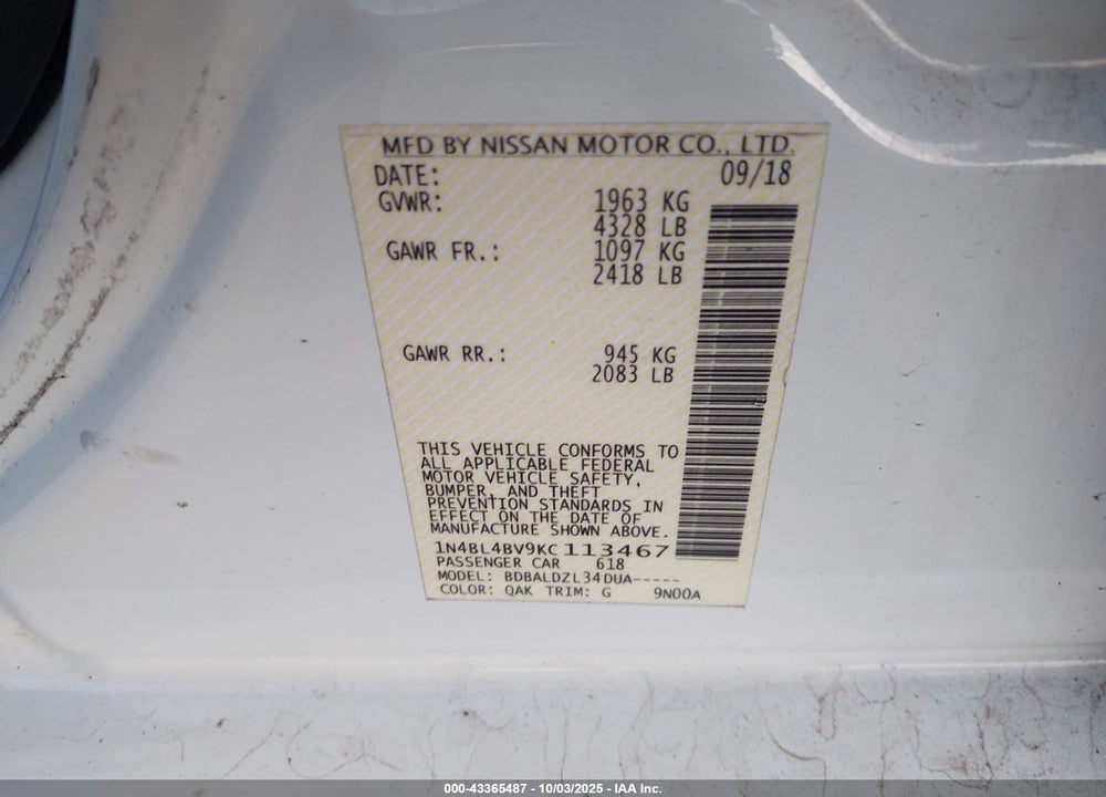 2019 NISSAN ALTIMA 2.5 S VIN: 1N4BL4BV9KC113467