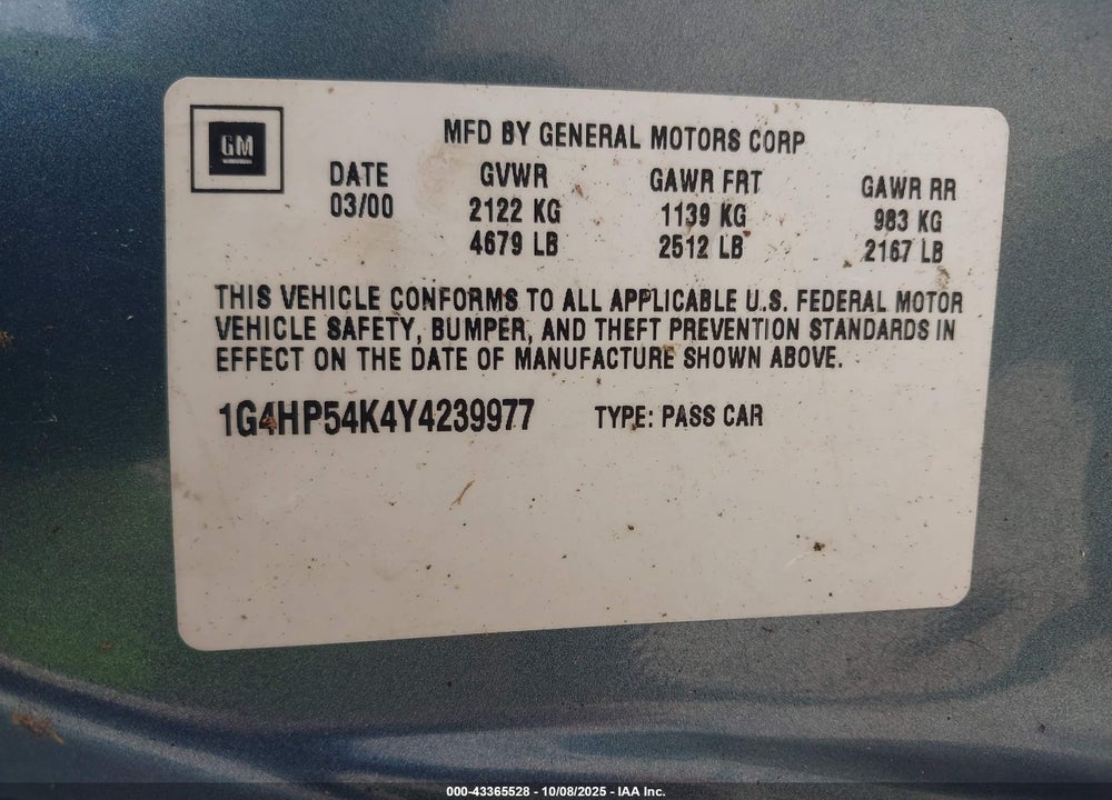 2000 BUICK LESABRE CUSTOM VIN: 1G4HP54K4Y4239977