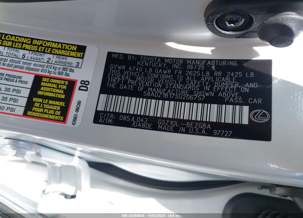2025 LEXUS ES 350 VIN: 58ADZ1B17SU206757
